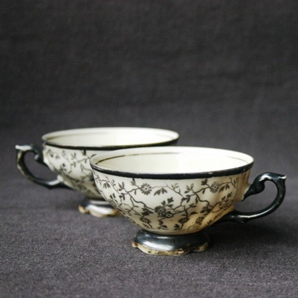 The two black cups. Pair of vintage porcelain teacups.