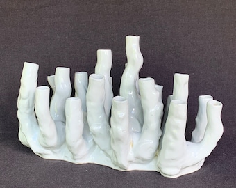 Norman Trapman Coral tulip vase. 1990s porcelain sculpture piece of art. Organic home decor ooak table setting centerpiece. Holland gift.