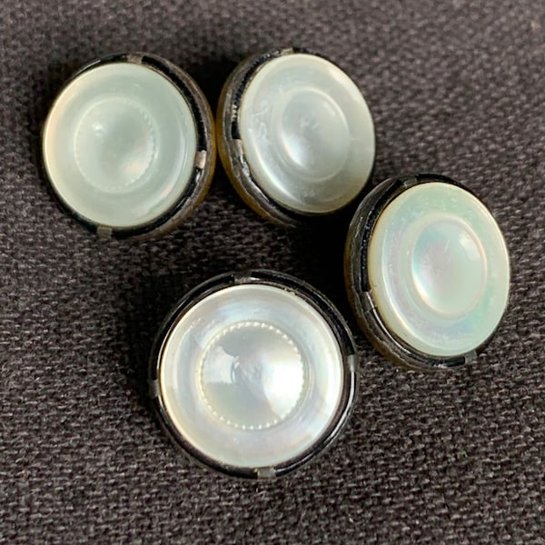 Antique nacre and metal set of 4 small buttons. White iridescent seamstress retro collectibles rare supply.