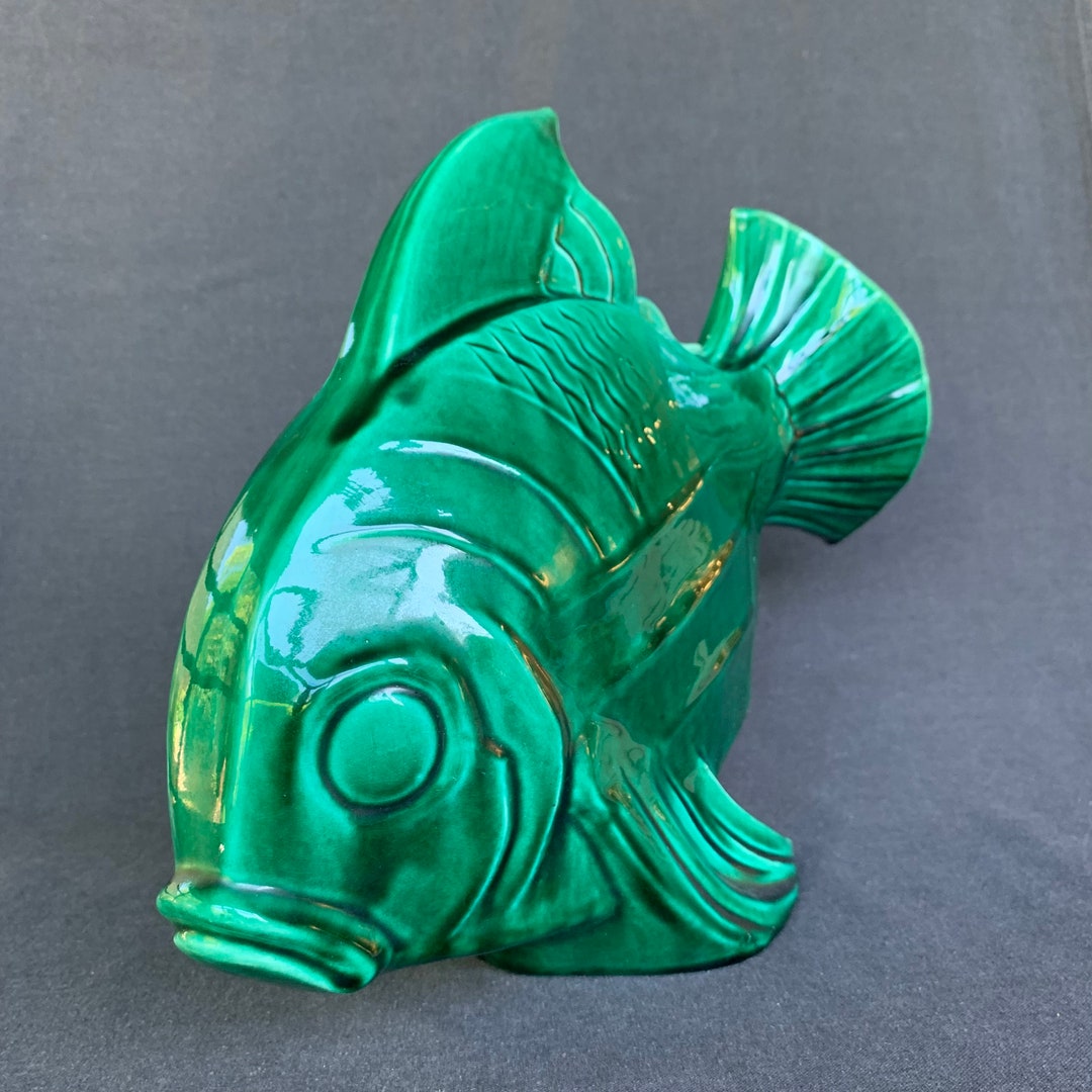 Art Deco Green Ceramic Fish. Mid Century Vintage Sea Home Cottage