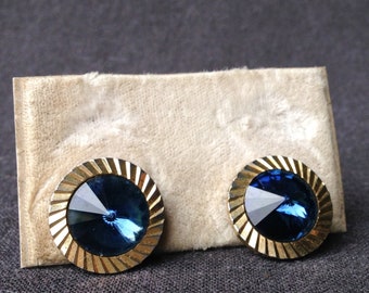 Golden and blue rhinestones cufflinks pair. Stocking stuffer gift idea for elegant guys. Christmas present idea for men.