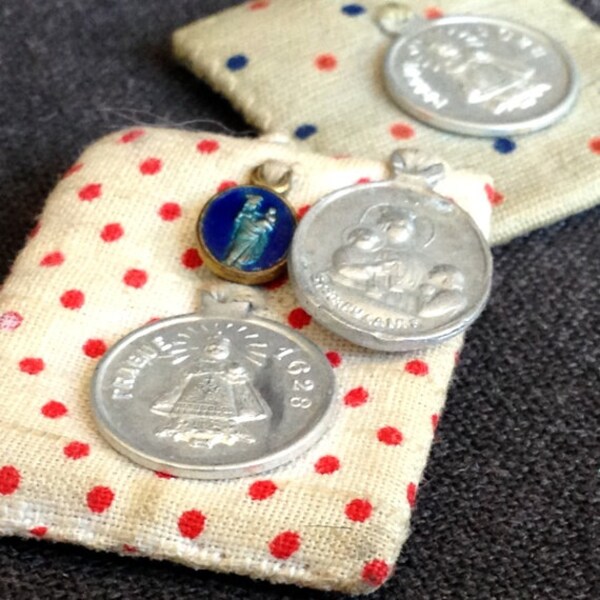 Precious pair of antique relics. Cute religious souvenir medals.
