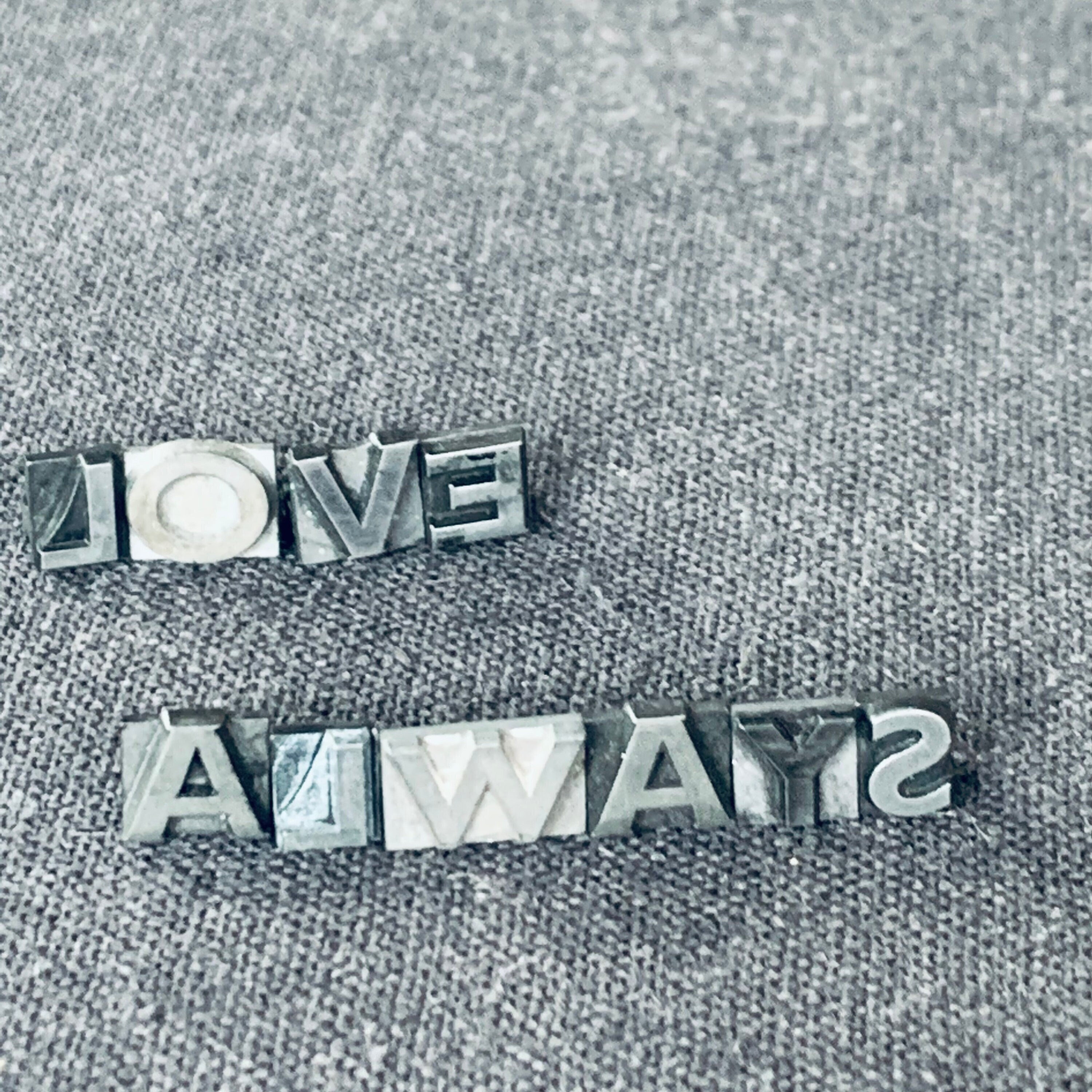 LOVE ALWAYS. Vintage letterpress printing cast letters word spelling. Printer retro supply. Mixed media and shadow boxes supply findings.