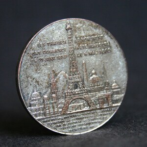 French commemorative souvenir from the Eiffel Tower in Paris. 1889 antique landmark memorabilia silvery medal. France 19th century vacations image 5