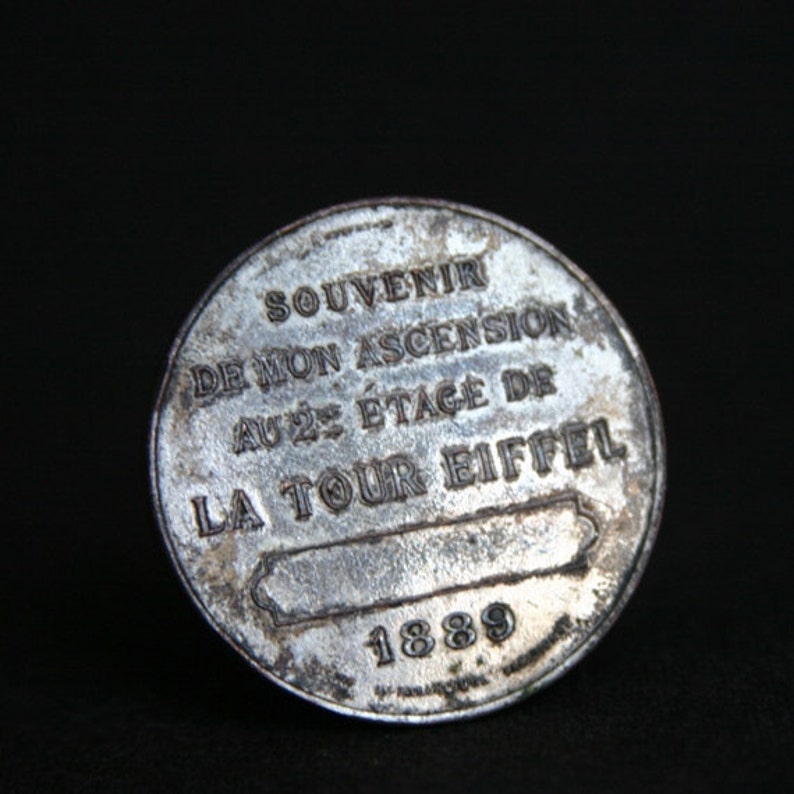 French commemorative souvenir from the Eiffel Tower in Paris. 1889 antique landmark memorabilia silvery medal. France 19th century vacations image 3