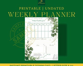 Può includere: Un planner settimanale stampabile e non datato con sfondo verde. Il planner include sezioni per ogni giorno della settimana, note e una lista di cose da fare. Il design presenta illustrazioni botaniche e il testo "Weekly Planner".