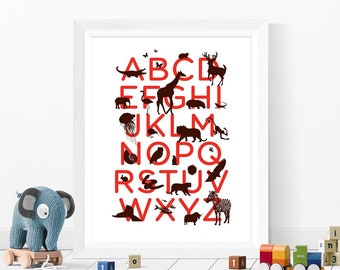 ABC art print / Alphabet print - in red and brown. Animal alphabet art print for the nursery or childs room. Funky wall art for kids rooms