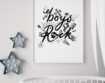 Boys Rock typographic print - black. A4 size. Perfect print for a boys room or nursery. Drawings of lightning bolts, skulls, paper planes...