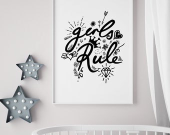 Girls Rule! Typographic print - black. Perfect print for a girls room or nursery. Drawings of hearts, crown, lipstick, diamond, stars...