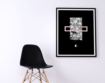 Black abstract print aka 'Monolith' - Large size. Geometric abstract wall art, graphic space & moon artwork, black white grey pink art