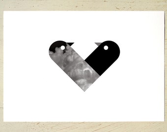 Love Birds print in black by Erupt Prints. Black love heart wall decor for a striking wall