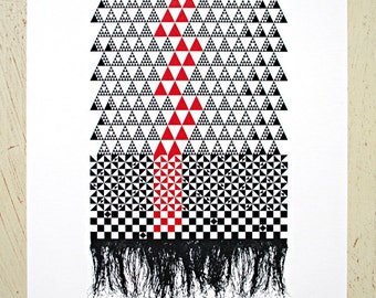 Red and black geometric print (named Fine Mat). Pacifika inspired print / Black abstract art print / Graphic wall art. Cultural / Kiwiana