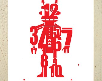 Red robot art print, perfect for the nursery or childs room. Large kids wall art print. Learn to count & find the numbers in this fun print