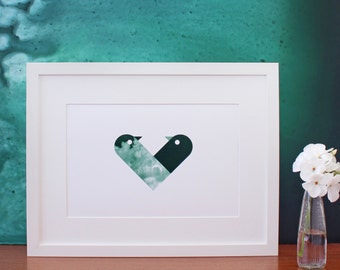 Love Birds - lovingly entwined to form a love heart - digital print in dark green by Erupt Prints