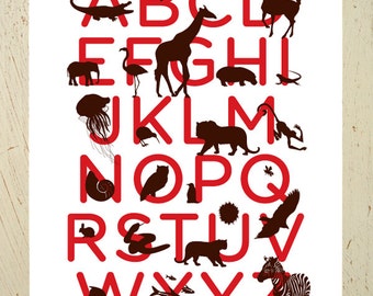 Alphabet print - red and brown animal ABC art print by Erupt Prints. Large size. Great nursery room gift or baby shower gift.