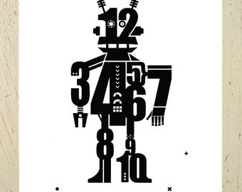 Robot print perfect for the nursery or childs room - Black. Large sized wall art by Erupt Prints. Learn to count with this fun print