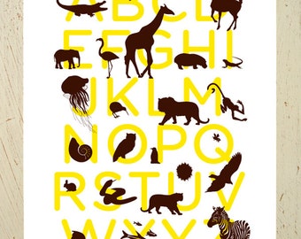 Alphabet print - yellow and brown animal abc art print by Erupt Prints