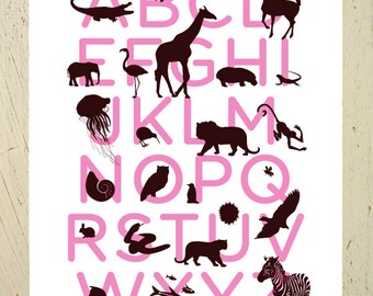 Animal alphabet print - pink and brown large ABC print by Erupt Prints. Perfect for a little girls nursery. Great baby shower gift