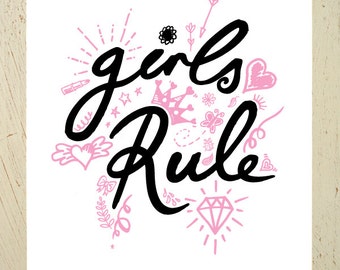 Girls Rule! Black and pink type print. Perfect print for a girls room or nursery. Sketches of hearts, crown, lipstick, diamond, stars & more