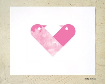 Love Birds - lovingly entwined to form a heart - digital print in pink by Erupt Prints