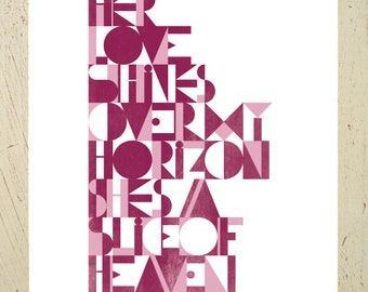 Slice of Heaven (a New Zealand song classic)  typographic print in two tone pinks - Large size