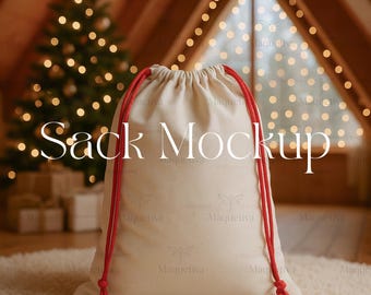 Maquette de sac du père Noël avec des ficelles rouges, maquette de sac du père Noël de Noël, maquette de sac du père Noël