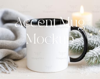 Maqueta de taza con asa negra - Maqueta de taza con detalles navideños de 325 ml - Maqueta de taza de café navideña