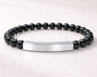 Onyx Bracelet Mockup, Silver Bar Bracelet Mockup, Black Beaded Bracelet Mockup, Engraving Jewelry Mockup