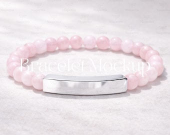 Rose Quartz Bracelet Mockup, Engraved Bar Bracelet Mockup, Stainless Steel Jewelry Mockup, Minimal Bracelet Mockup