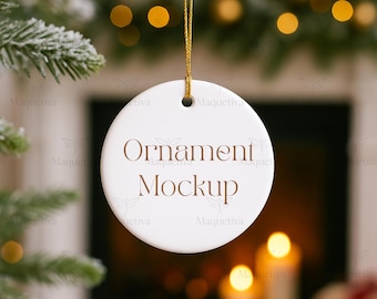 Könnte beinhalten: Ein weißer, runder Weihnachtsbaumschmuck-Mockup mit den Worten "Ornament Mockup" in brauner Schrift. Der Schmuck hängt an einer goldenen Schnur vor einem verschwommenen Hintergrund aus Kamin und Weihnachtsbaum.