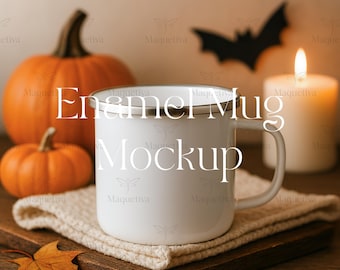 Maqueta de taza esmaltada de Halloween, maqueta de taza de camping de otoño, maqueta de taza con borde plateado, maqueta de taza de camping de otoño, maqueta de taza de temporada espeluznante