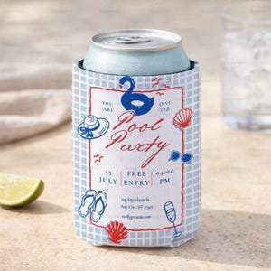 May include: A light blue can cooler with a white and blue checkered pattern. The cooler features a "Pool Party" design with a swan, sunglasses, and seashell illustrations. The text includes the date, time, and location of the party.
