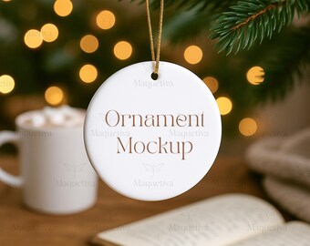 May include: A white, round ornament mockup with the text "Ornament Mockup" in brown. The ornament hangs from a gold string against a backdrop of a Christmas tree branch, bokeh lights, a mug, and a book.