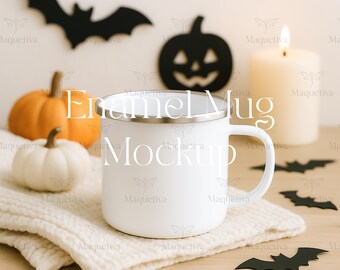 Maqueta de taza esmaltada, maqueta de taza de campamento de Halloween, maqueta de taza esmaltada de otoño, maqueta de taza de Halloween, maqueta de taza de campamento de otoño, maqueta de taza con borde plateado