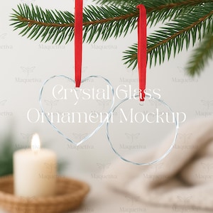 Crystal Glass Ornament Mockup, Round And Heart Glass Ornament Mockup, Two Ornaments Mockup, Clear Ornament Mockup, Double Ornament Mockup