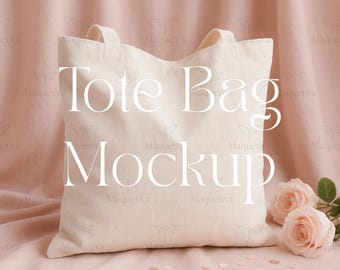 Canvas Tote Bag Mockup, Aesthetic Natural Tote Bag, Romantic Mockup for Tote Bag with Beige Handles