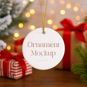 Ceramic Ornament Mockup, Round Ornament With Gold String Mockup, Christmas Ornament Mockup, White Circle Ornament Mockup, POD Ornament Mock