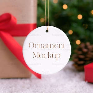 Christmas Ornament Mockup, Ceramic Ornament Mockup, Round Ornament With Gift Box Mockup, Blank Ceramic Ornament, White Ornament Mockup