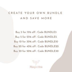 May include: Cream-colored graphic with text promoting bundle deals. The text reads "CREATE YOUR OWN BUNDLE AND SAVE MORE." Offers include discounts for buying 3, 5, 10, 20, or 30 items, with corresponding discount codes. The Maquetiva logo is at the bottom.