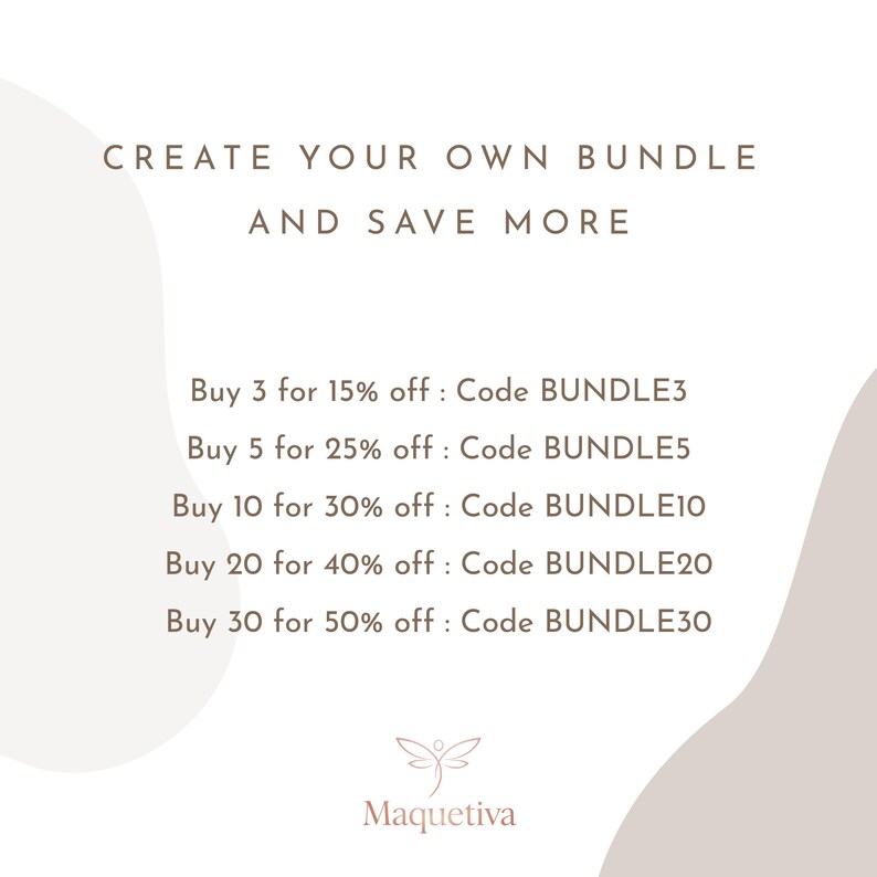 May include: Cream-colored graphic with text promoting bundle deals. The text reads "CREATE YOUR OWN BUNDLE AND SAVE MORE." Offers include discounts for buying 3, 5, 10, 20, or 30 items, with corresponding discount codes. The Maquetiva logo is at the bottom.