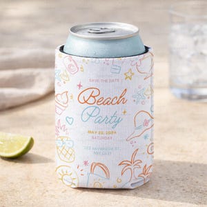 May include: A white can cooler with a light blue can inside. The cooler has a beach party theme with text and illustrations in orange, blue, and yellow. The text says "Beach Party" and includes the date May 22, 2024.