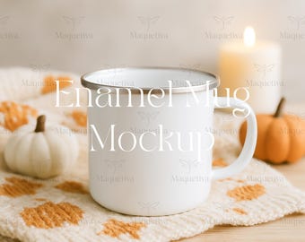 Maqueta de taza esmaltada de otoño, maqueta de taza de campamento, maqueta de taza acogedora de otoño, maqueta de taza esmaltada de otoño, maqueta de taza de calabaza, maqueta de taza de Halloween