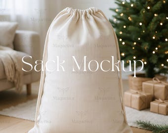Maquette de sac du père Noël, sac de Noël vierge JPG, maquette de sac cadeau en toile neutre avec cordon, téléchargement numérique de vacances, sublimation