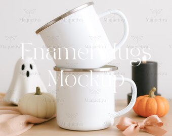 Maqueta de tazas esmaltadas de Halloween - Maqueta de dos tazas de campamento apiladas - Maqueta de taza de café espeluznante