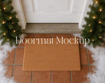 Coir Doormat Mockup, Christmas Doormat Mockup with Snow, Winter Doormat Mockup, Front Door Mockup, Holiday Porch Mockup
