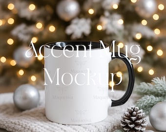 Black Handle Mug Mockup, Christmas Accent Mug Mockup 11 oz, Holiday Ceramic Coffee Cup Mockup