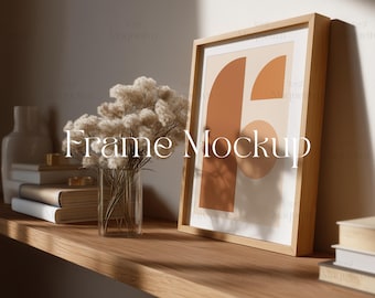 PSD Frame Mockup with Mat, 4x5 Vertical Wooden Frame Template , Shelf Vase Flowers Frame Mockup, Minimalist Wood Frame Mockup, Smart Object
