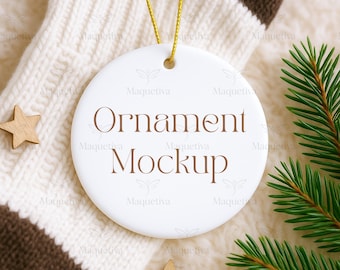 Round Ceramic Ornament Mockup, Cozy Neutral Ornament Mockup, Christmas Ornament Mockup, White Ornament Mockup, Flat Lay Ornament Mockup