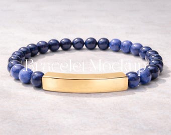 Sodalite Bracelet Mockup, Gold Bar Bracelet Mockup, Beaded Stone Jewelry Mockup, Engraving Bracelet Mockup
