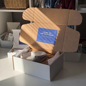 May include: An open cardboard box with a blue sticker that reads "THANK YOU FOR YOUR ORDER". Inside the box are gray pouches and tissue paper. The box is on a white surface, with a shelf and other items in the background.
